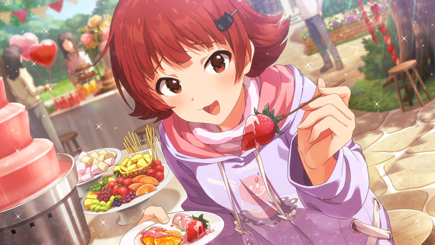 blush dress food idolmaster idolmaster_million_live! idolmaster_million_live!_theater_days nonohara_akane red_eyes redhead short_hair smile