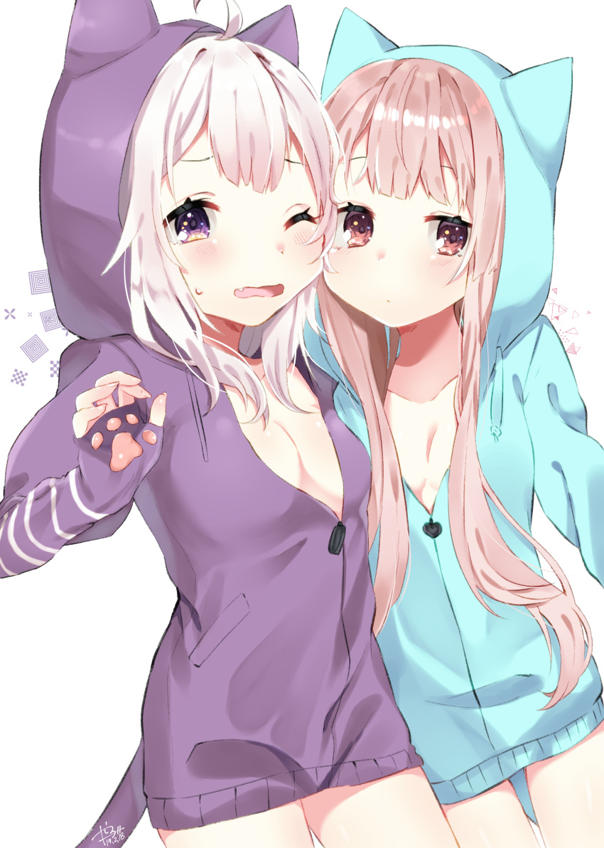 2girls abe_suke absurdres ahoge animal_ears animal_hood bangs blue_jacket blush breasts cat_ears cat_girl cat_hood cat_tail closed_mouth collarbone commentary_request drawstring eyebrows_behind_hair fang fingernails hand_up heart highres hood hood_up hooded_jacket jacket light_brown_hair long_hair multiple_girls one_eye_closed open_mouth original purple_jacket red_eyes small_breasts sweat tail violet_eyes wavy_mouth white_background white_hair