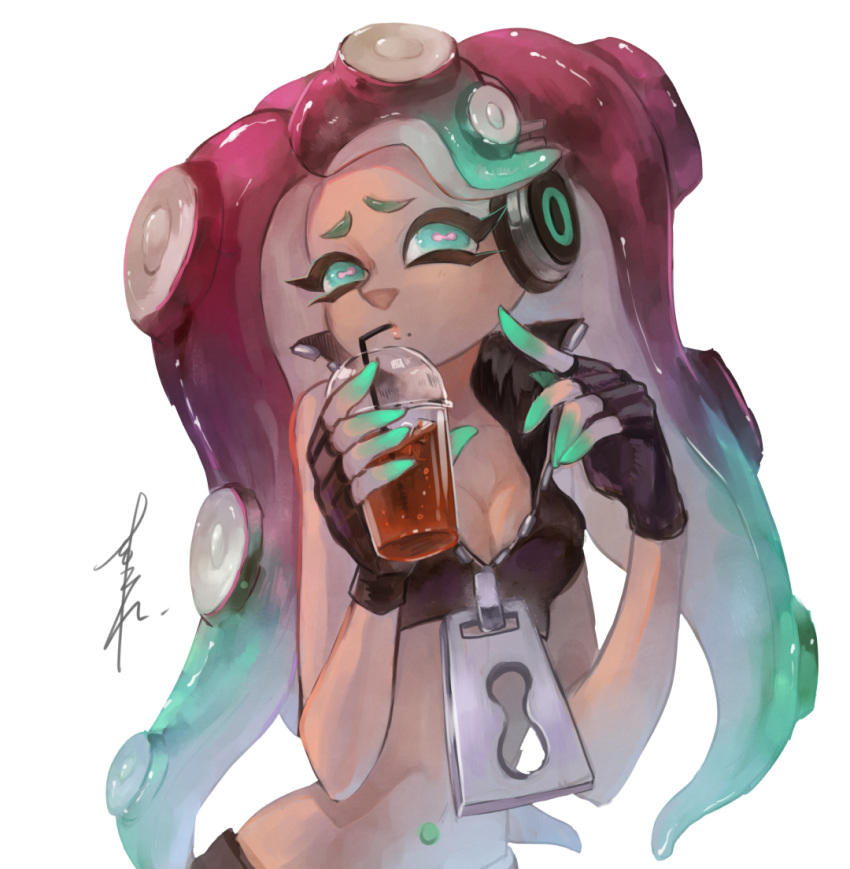 1girl aqua_eyes aqua_hair aqua_skin bendy_straw black_gloves breasts cleavage cup dark_skin drinking drinking_straw fingerless_gloves furrowed_eyebrows gloves gradient_hair hands_up headphones holding holding_cup horizontal_pupils ice ice_cube iida_(splatoon) long_hair medium_breasts mole mole_under_mouth multicolored multicolored_hair multicolored_skin navel_piercing octarian piercing pink_hair pink_pupils simple_background sizu solo splatoon splatoon_(series) splatoon_2 suction_cups tentacle_hair two-tone_hair two-tone_skin upper_body white_background zipper zipper_pull_tab