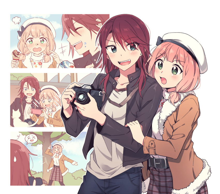 &gt;_&lt; +++ 2girls :d =3 bang_dream! bangs belt beret black_bow black_jacket blue_eyes bow brown_coat camera cat cellphone coat earrings eating food food_on_face fur-trimmed_coat fur_trim green_eyes hand_on_another's_arm hat hat_bow head_on_another's_shoulder jacket jewelry laughing long_hair low_twintails multiple_girls multiple_views open_mouth pants phone pink_hair plaid plaid_skirt pointing re_ghotion redhead shirt skirt smartphone smile sparkle taking_picture tree twintails udagawa_tomoe uehara_himari v v-shaped_eyebrows white_hat white_shirt xd