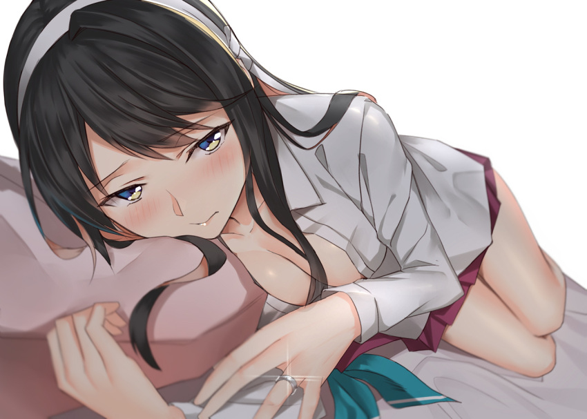 1girl black_hair blouse blush bow bowtie breasts cleavage closed_mouth eyebrows_visible_through_hair jewelry kantai_collection large_breasts long_hair long_sleeves lying multicolored_hair naganami_(kantai_collection) on_side pallad pillow pillow_grab pink_hair pleated_skirt remodel_(kantai_collection) ring simple_background skirt solo two-tone_hair wavy_hair wedding_band white_background white_blouse yellow_eyes
