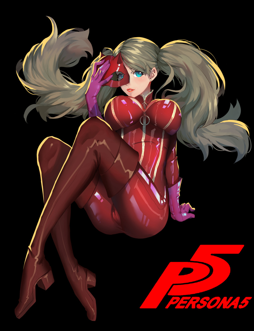 1girl absurdres black_background blue_eyes bodysuit boots breasts brown_hair cat_mask commentary_request copyright_name earrings floating_hair gloves high_heels highres holding holding_mask jewelry large_breasts long_hair looking_at_viewer mask parted_lips persona persona_5 pink_gloves red_bodysuit sitting solo takamaki_anne thigh-highs thigh_boots tupiao_shaonu twintails