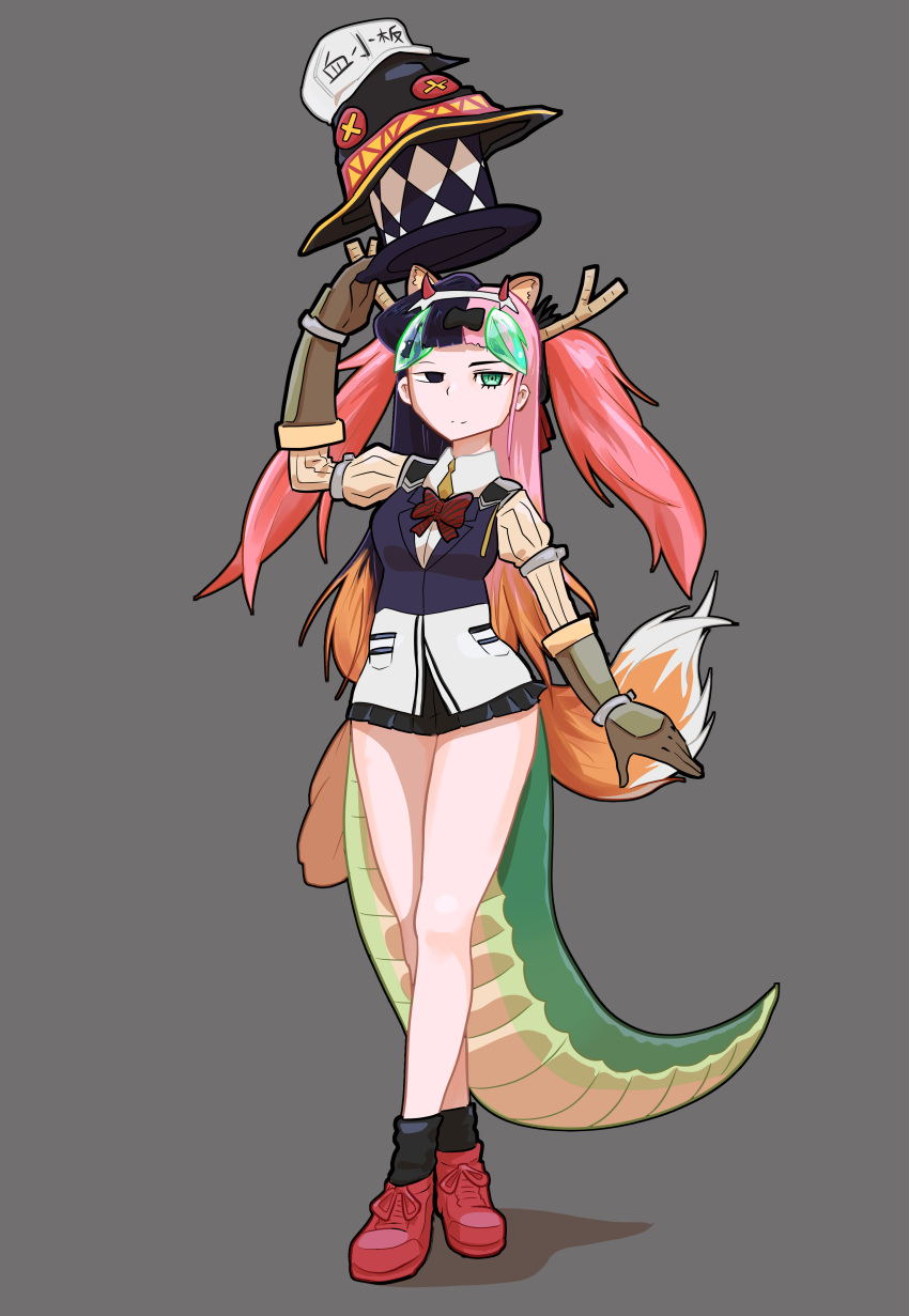 1girl absurdres animal_ears asymmetrical_hair bare_legs black_eyes black_hair blazer chimerism darling_in_the_franxx dragon_horns dragon_tail fox_tail fujiwara_chika fusion gauntlets green_eyes green_hair hat hataraku_saibou heterochromia highres holo horns houseki_no_kuni jacket jojo_no_kimyou_na_bouken kaguya-sama_wa_kokurasetai_~tensai-tachi_no_renai_zunousen~ kobayashi-san_chi_no_maidragon komi-san_wa_komyushou_desu komi_shouko kono_subarashii_sekai_ni_shukufuku_wo! megumin milim_nava miniskirt multicolored_hair multiple_tails orange_hair phosphophyllite pink_hair platelet_(hataraku_saibou) pompmaker1 ponytail purple_hair raccoon_ears raccoon_tail raphtalia red_footwear ribbon robert_eo_speedwagon shinomiya_kaguya simple_background skirt solo spice_and_wolf tail tate_no_yuusha_no_nariagari tensei_shitara_slime_datta_ken tooru_(maidragon) twintails what zero_two_(darling_in_the_franxx)