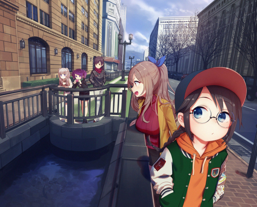 5girls architecture bangs bare_tree baseball_cap black_hair black_hoodie black_jacket black_skirt blue_eyes blue_ribbon blue_sky braid breasts brown_eyes brown_hair building buttons canal car casual city cityscape clouds coat day drawstring glasses green_jacket ground_vehicle hair_ribbon hands_in_pockets hat hedge_(plant) highres holding holding_phone hood hood_down hoodie idolmaster idolmaster_shiny_colors jacket lamppost large_breasts long_sleeves mitsumine_mashiro motor_vehicle multiple_girls open_clothes open_coat open_jacket orange_hoodie outdoors pants phone ponytail profile purple_hair railing red_scarf red_sweater ribbed_sweater ribbon road round_eyewear scarf shamonabe shirase_sakuya sidelocks sidewalk silver_hair skirt sky standing sweater taking_picture tanaka_mamimi tree tsukioka_kogane turtleneck turtleneck_sweater twin_braids twintails violet_eyes water white_coat white_pants wide_shot window wing_collar yellow_coat yellow_eyes yuukoku_kiriko