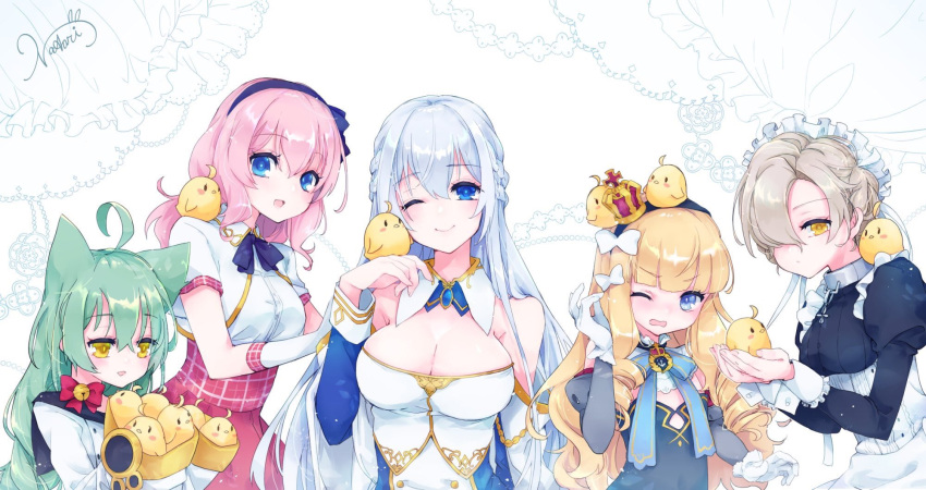 1girl akashi_(azur_lane) animal_ears apron azur_lane bell black_hairband blonde_hair blush bow braid breasts cat_ears crown detached_collar detached_sleeves hair_bow hair_over_one_eye hairband highres jingle_bell large_breasts long_hair maid maid_headdress mini_crown queen_elizabeth_(azur_lane) rodney_(azur_lane) sheffield_(azur_lane) shichijou_natori short_hair sleeves_past_fingers sleeves_past_wrists