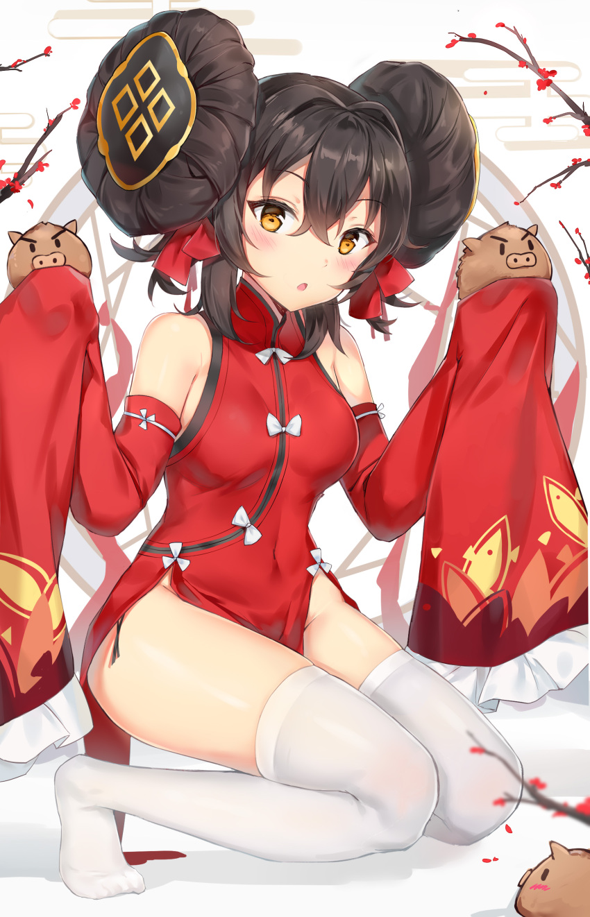 1girl :o absurdres animal bare_shoulders black_hair blush boar bow branch china_dress chinese_clothes covered_navel detached_sleeves double_bun dress flower frilled_sleeves frills ginn_(hzh770121) girls_frontline hair_between_eyes hair_intakes hair_ribbon highres holding holding_animal looking_at_viewer no_panties no_shoes open_mouth pelvic_curtain qbz-97_(girls_frontline) red_dress red_ribbon ribbon side_slit sidelocks sleeves_past_wrists solo squatting thigh-highs thighs tight white_bow white_legwear yellow_eyes