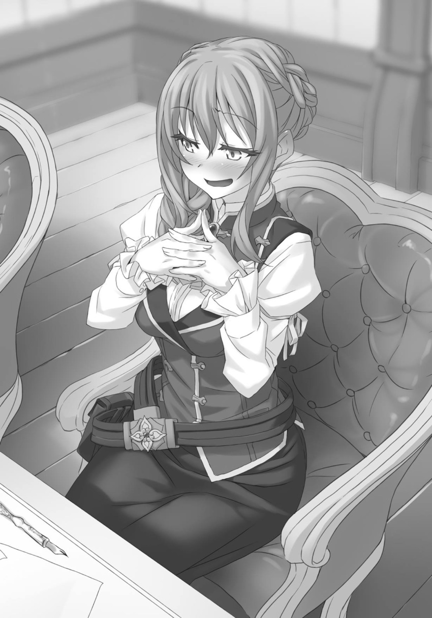 1girl blush braid dress_shirt eyebrows_visible_through_hair goblin_slayer! greyscale guild_girl_(goblin_slayer!) hair_between_eyes hands_together highres indoors interlocked_fingers kannatsuki_noboru long_hair monochrome novel_illustration official_art open_mouth pen shirt sitting skirt solo tied_hair wooden_floor