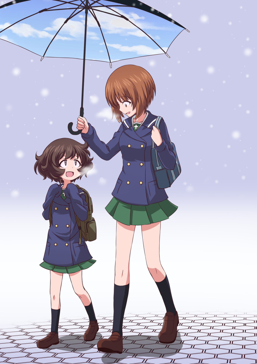 2girls akiyama_yukari bag bangs brown_eyes brown_hair clouds cloudy_sky cobblestone cold girls_und_panzer green_skirt hadzuki_haru highres jacket multiple_girls nishizumi_miho ooarai_school_uniform school_uniform short_hair skirt sky sleeves_past_wrists snow umbrella walking winter_clothes younger