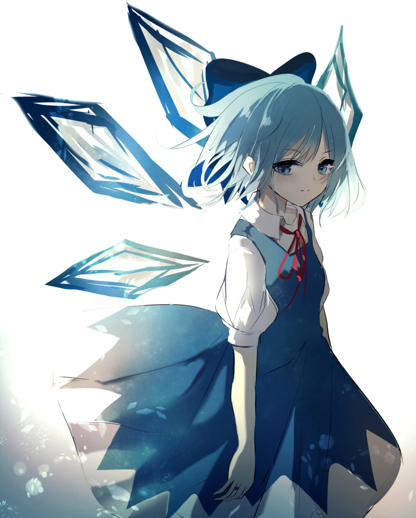 1girl bangs beckzawachi blue blue_bow blue_dress blue_eyes blue_hair bow breasts cirno closed_mouth detached_wings dress eyebrows_visible_through_hair fairy hair_bow highres ice ice_wings looking_at_viewer neck_ribbon puffy_short_sleeves puffy_sleeves red_ribbon ribbon short_sleeves small_breasts solo touhou wings