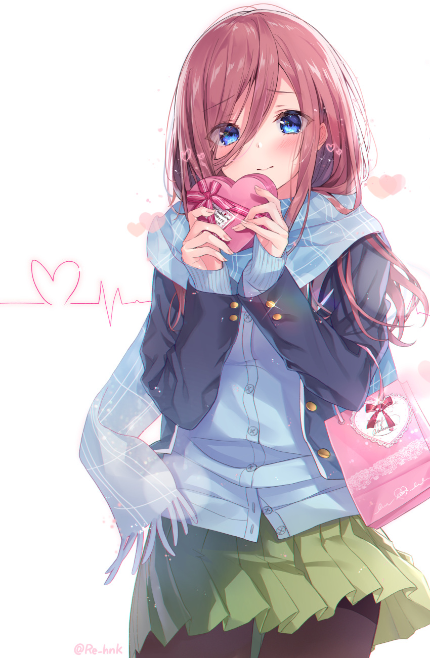 1girl absurdres bag black_jacket blazer blue_cardigan blue_eyes blue_scarf blush box brown_hair brown_legwear buttons closed_mouth commentary_request cowboy_shot fringe_trim gift gift_box glint go-toubun_no_hanayome green_skirt hair_between_eyes hands_up has_bad_revision has_downscaled_revision heart heart-shaped_box highres holding holding_box jacket long_hair long_sleeves looking_at_viewer miniskirt nakano_miku open_clothes open_jacket pantyhose paper_bag pleated_skirt sakura_honoka_(srhk0623) scarf sidelocks skirt sleeves_past_wrists solo standing valentine