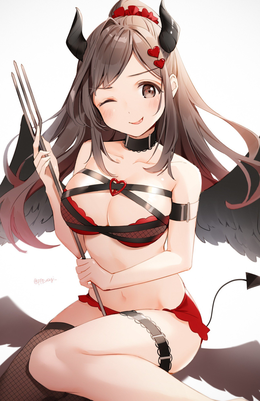 1girl :p absurdres angel_wings bare_legs bare_shoulders belt black_choker blush bra breasts brown_eyes brown_hair brown_legwear choker cleavage collarbone demon_horns demon_tail fishnet_legwear fishnets hair_ornament hair_scrunchie heart heart_hair_ornament highres holding horns idolmaster idolmaster_shiny_colors large_breasts long_hair looking_at_viewer microskirt navel one_eye_closed polearm ponytail red_bra red_scrunchie red_skirt scrunchie shadow shiratama_akane sidelocks simple_background single_thighhigh sitting skirt smile solo stomach tail thigh-highs thigh_strap tongue tongue_out trident tsukioka_kogane underwear weapon white_background wings