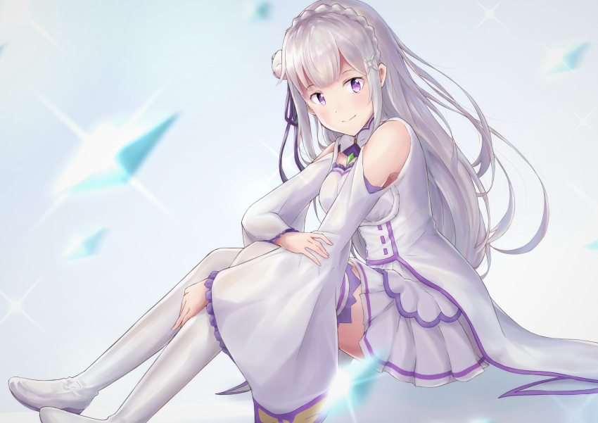 1girl absurdres boots braid crown_braid emilia_(re:zero) floating_hair flower frilled_sleeves frills hair_flower hair_ornament hair_ribbon highres long_hair long_sleeves looking_at_viewer miniskirt pleated_skirt purple_ribbon re:zero_kara_hajimeru_isekai_seikatsu ribbon shoulder_cutout silver_hair sitting skirt smile solo sparkle taka-chan thigh-highs thigh_boots very_long_hair violet_eyes white_flower white_footwear white_skirt white_sleeves zettai_ryouiki