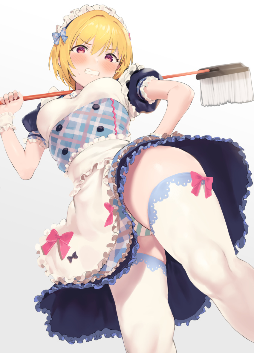 1girl alternate_costume apron bangs blonde_hair blue_dress blue_panties blush breasts buttons clenched_teeth dress embarrassed enmaided frills hair_between_eyes highres hip_focus idolmaster idolmaster_shiny_colors looking_at_viewer maid maid_apron maid_headdress medium_breasts mop nekoshoko panties puffy_short_sleeves puffy_sleeves saijou_juri short_hair short_sleeves simple_background solo striped striped_panties teeth thigh-highs thighs underwear violet_eyes waist_apron white_background white_legwear wrist_cuffs