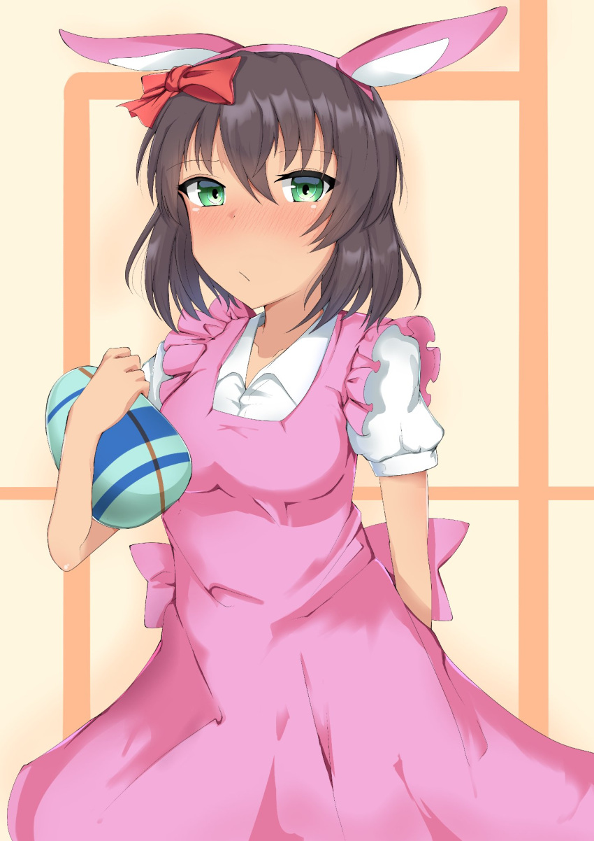 1girl animal_ears antyobi0720 apron arm_behind_back bangs blush bow brown_hair closed_mouth collared_shirt commentary_request dark_skin easter easter_egg egg eyebrows_visible_through_hair fake_animal_ears frilled_apron frills frown girls_und_panzer green_eyes hair_bow highres holding hoshino_(girls_und_panzer) looking_at_viewer maid_apron pink_apron puffy_short_sleeves puffy_sleeves rabbit_ears red_bow shirt short_hair short_sleeves solo standing upper_body white_shirt