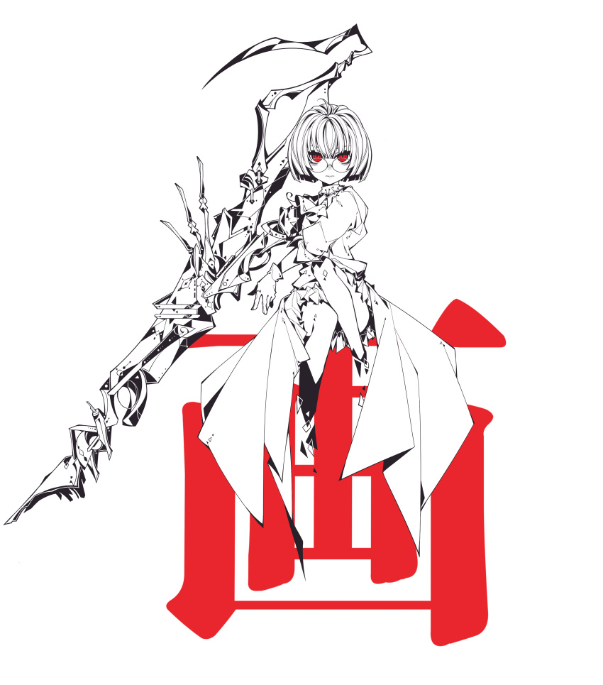 1girl absurdres ahoge bangs closed_mouth glasses gloves greyscale highres holding holding_weapon iralion looking_at_viewer monochrome original red_eyes short_hair simple_background sitting sleeves_rolled_up solo spot_color tagme weapon white_background