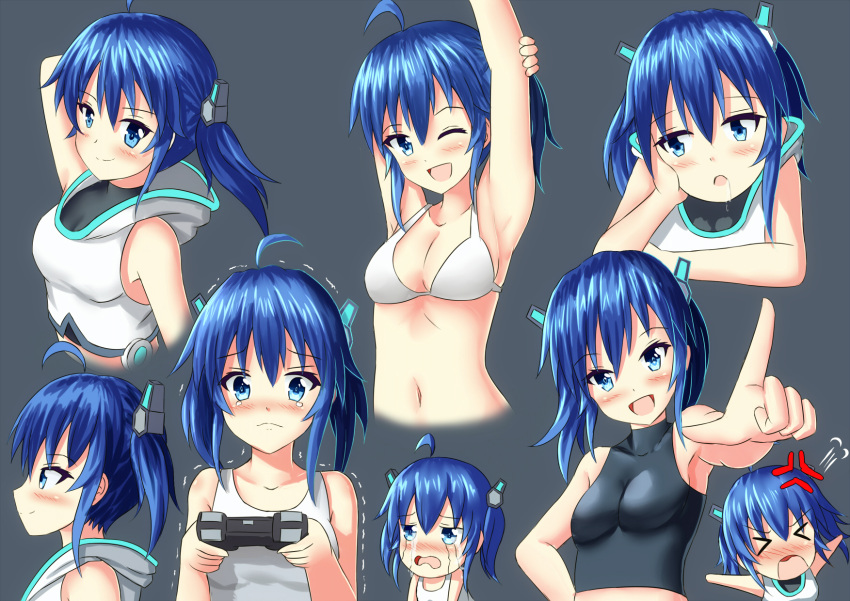 &gt;_&lt; 1girl :d ahoge anger_vein arlly_radithia armpits arms_up bare_shoulders bikini bikini_top black_shirt blue_eyes blue_hair blush breasts chibi closed_eyes collarbone commentary_request controller crying crying_with_eyes_open drooling game_controller grey_background hair_ornament highres holding hood hood_down hoodie medium_breasts multiple_views navel open_mouth original saliva shirt simple_background sleeveless sleeveless_hoodie sleeveless_shirt smile streaming_tears stretch swimsuit tank_top tears trembling twintails white_bikini white_hoodie white_tank_top