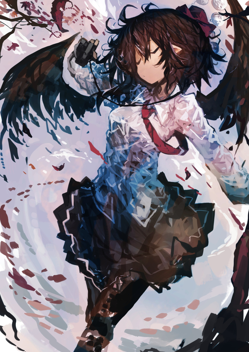 1girl absurdres bangs black_hair black_legwear black_skirt camera closed_eyes hair_between_eyes hat highres holding kaamin_(mariarose753) necktie pantyhose pleated_skirt pointy_ears pom_pom_(clothes) shameimaru_aya shirt skirt solo tokin_hat touhou white_shirt wings