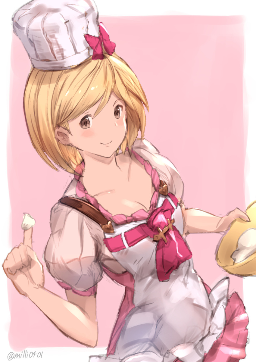 1girl absurdres apron blonde_hair blush bow breasts brown_eyes cleavage collar djeeta_(granblue_fantasy) granblue_fantasy hair_between_eyes hat hat_bow highres holding index_finger_raised looking_at_viewer md5_mismatch milli_little miniskirt pink_skirt pleated_skirt red_bow shirt short_hair short_sleeves sketch skirt smile solo standing twitter_username white_apron white_hat white_shirt