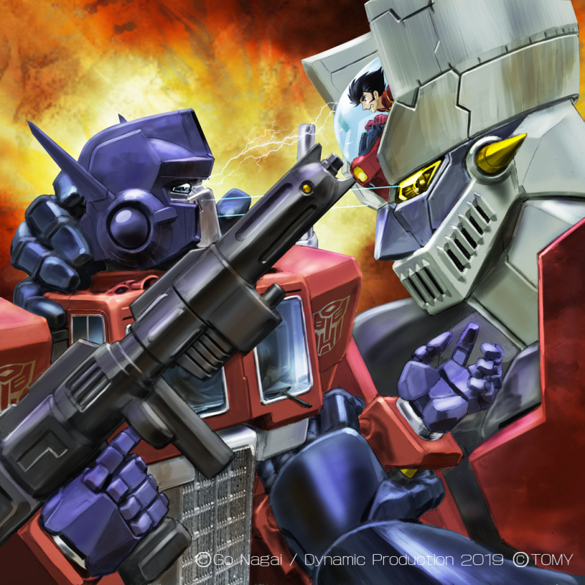 1boy 70s 80s autobot battle black_hair blue_eyes cannon crossover duel fighting headgear holding holding_weapon igunuk insignia kabuto_kouji machine machinery mazinger_z mazinger_z_(mecha) mecha official_art oldschool optimus_prime pilder pilot_suit robot science_fiction sideburns super_robot transformers weapon