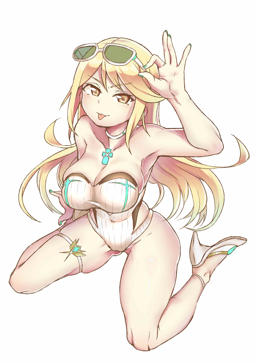 1girl absurdres adjusting_eyewear aqua_nails arm_up bangs bare_arms bare_shoulders blonde_hair breasts cleavage closed_mouth collarbone covered_navel eyebrows_visible_through_hair eyewear_on_head fingernails full_body gluteal_fold highres mythra_(xenoblade) large_breasts long_hair looking_at_viewer nail_polish nintendo one-piece_swimsuit shoes simple_background sitting smile solo strapless strapless_swimsuit sunglasses swimsuit thigh_strap thighs togin tongue tongue_out wariza white_background white_footwear white_swimsuit xenoblade_(series) xenoblade_2 yellow_eyes