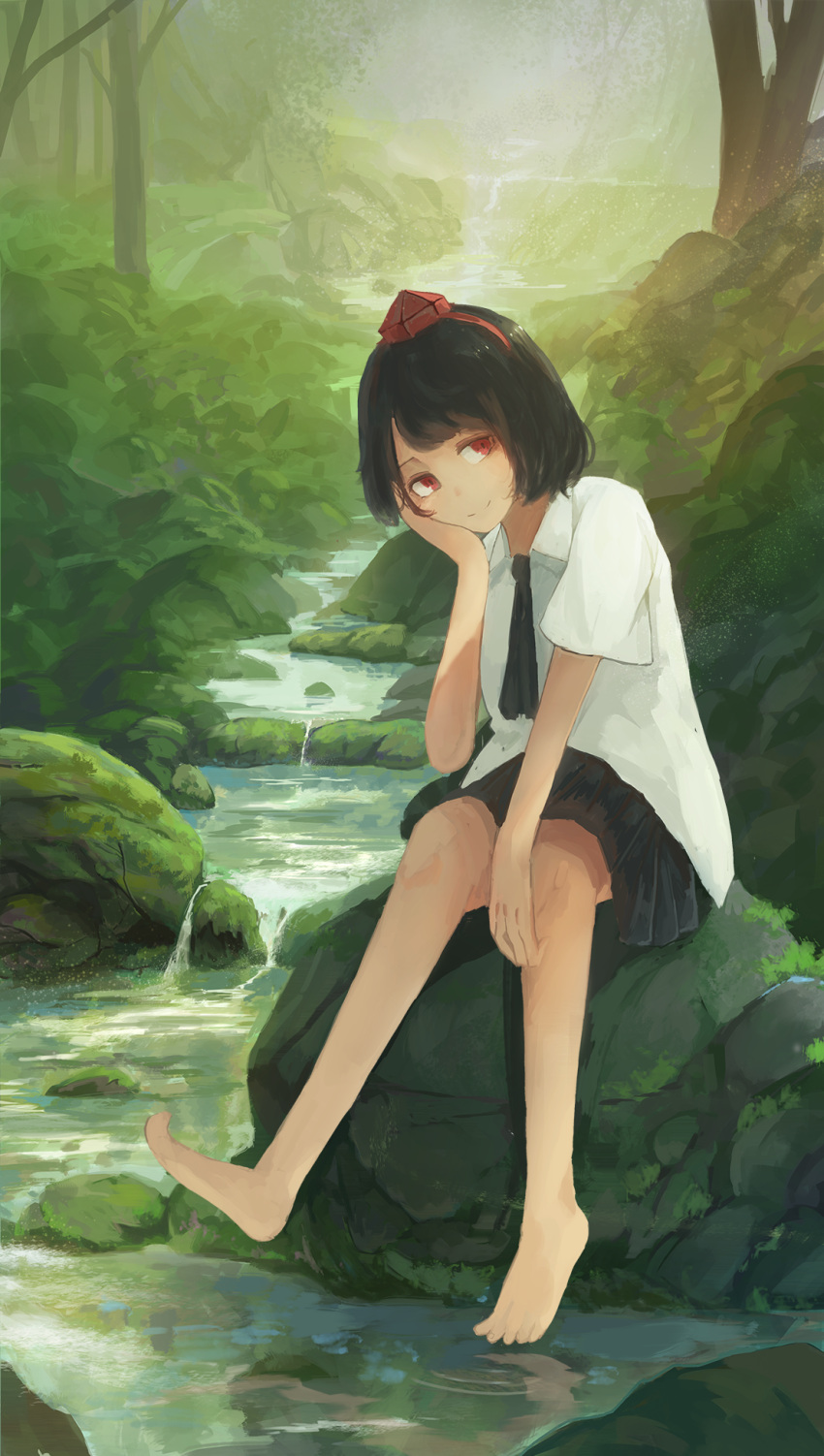 1girl barefoot black_hair black_neckwear black_skirt closed_mouth collared_shirt day dorsiflexion fjsmu forest full_body green hand_on_own_cheek hat head_tilt highres looking_at_viewer nature on_rock outdoors plantar_flexion pleated_skirt red_eyes red_hat ripples rock shameimaru_aya shirt short_hair short_sleeves sitting skirt smile solo stream tokin_hat touhou tree water white_shirt white_sleeves wing_collar