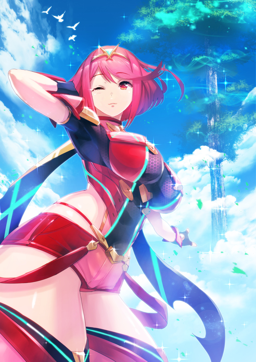 1girl absurdres bangs blush breasts day earrings fingerless_gloves gloves green322 hair_ornament highres pyra_(xenoblade) jewelry large_breasts looking_at_viewer nintendo one_eye_closed red_eyes redhead short_hair shorts sidelocks simple_background sky smile solo tiara white_background xenoblade_(series) xenoblade_2