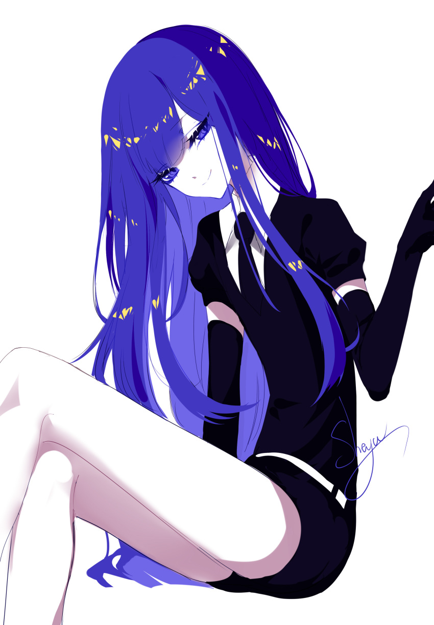 1other absurdres androgynous artist_name bangs bare_legs belt black_gloves black_neckwear black_shorts blue_eyes blue_hair commentary elbow_gloves eyebrows_visible_through_hair eyelashes feet_out_of_frame gem_uniform_(houseki_no_kuni) gloves hand_up head_tilt highres houseki_no_kuni lapis_lazuli_(houseki_no_kuni) long_hair looking_at_viewer necktie puffy_short_sleeves puffy_sleeves sheya short_shorts short_sleeves shorts sidelocks signature simple_background sitting smile solo symbol_commentary thighs very_long_hair white_background white_belt