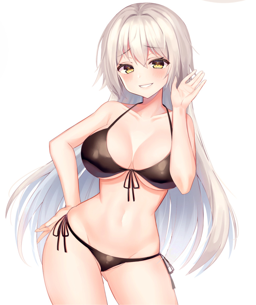 1girl bare_arms bare_shoulders bikini black_bikini blush breasts cleavage collarbone contrapposto cowboy_shot fate/grand_order fate_(series) front-tie_bikini front-tie_top gluteal_fold grin groin hair_between_eyes hair_intakes halter_top halterneck hand_on_hip hand_up highres hinaki_(hinaki_0102) jeanne_d'arc_(alter_swimsuit_berserker) jeanne_d'arc_(fate)_(all) large_breasts legs_apart long_hair looking_at_viewer navel side-tie_bikini silver_hair simple_background smile solo standing stomach swimsuit teeth thighs very_long_hair white_background wide_hips yellow_eyes