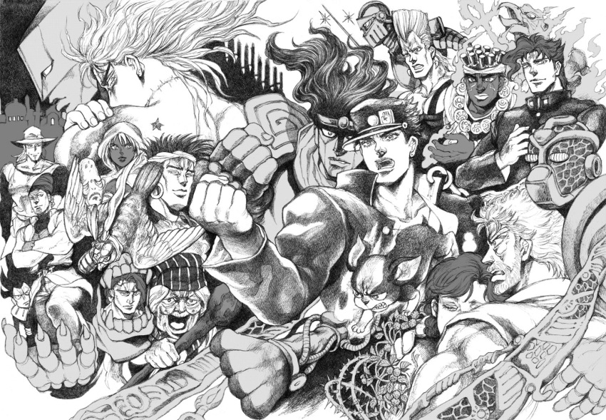 arm_around_back beard birthmark bud_(korovsme) chains clenched_hand cream_(stand) crossed_arms dark_skin dark_skinned_male dio_brando dog earrings enya_geil facial_hair facial_mark facial_tattoo father_and_daughter gakuran greyscale hat headband heart hierophant_green hol_horse hood hoop_earrings iggy_(jojo) j._geil jean_pierre_polnareff jewelry joestar_birthmark jojo_no_kimyou_na_bouken joseph_joestar kakyouin_noriaki kuujou_holly kuujou_joutarou magician's_red mariah mohammed_avdol monochrome n'doul nukesaku old_woman open_mouth pet_shop rapier scar school_uniform sharp_teeth silver_chariot smile staff stand_(jojo) star star_platinum stardust_crusaders sword tattoo teeth terence_trent_d'arby the_world vanilla_ice weapon