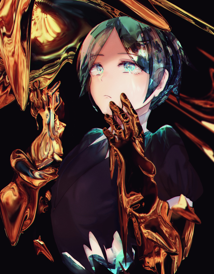 1other absurdres androgynous aqua_eyes aqua_hair crystal_hair dark_background eyebrows_visible_through_hair gem_uniform_(houseki_no_kuni) gold golden_arms green_hair highres houseki_no_kuni huge_filesize necktie phosphophyllite short_hair solo upper_body