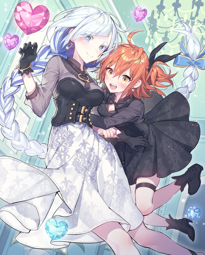 2girls :d absurdres ahoge arm_hug bangs black_dress black_footwear black_gloves black_ribbon blue_bow blue_eyes blush boots bow braid breasts brown_eyes brown_hair brynhildr_(fate) closed_mouth colored_eyelashes commentary_request devy dress earrings eyebrows_visible_through_hair fate/grand_order fate_(series) fujimaru_ritsuka_(female) glint gloves grey_shirt hair_between_eyes hair_bow hair_ribbon heart high_heel_boots high_heels highres jewelry long_hair long_sleeves medium_breasts multiple_girls one_side_up open_mouth pleated_dress pleated_skirt ribbon see-through shirt silver_hair single_braid skirt smile very_long_hair white_skirt