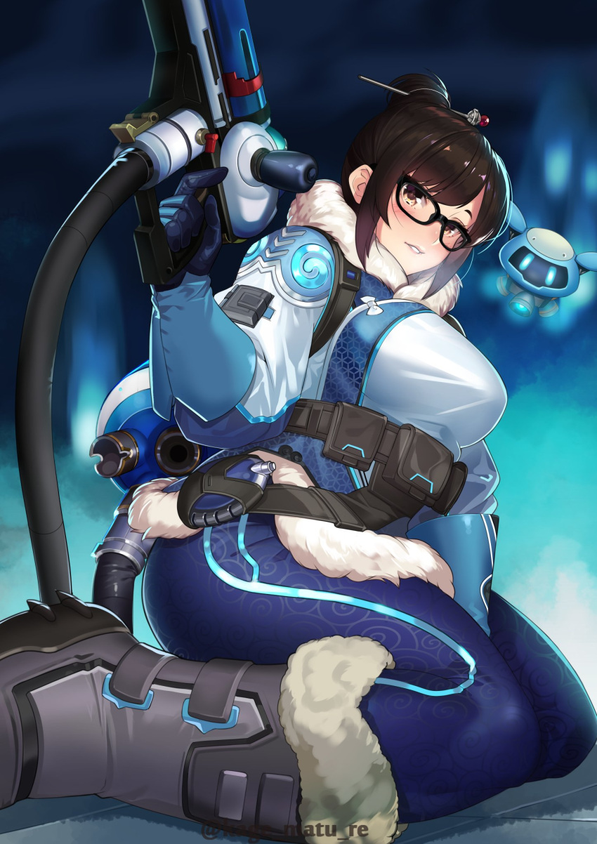 1girl bangs belt_pouch black-framed_eyewear black_legwear blue_gloves blurry blurry_background blush boots breasts brown_eyes canister coat drone fur-trimmed_jacket fur_coat fur_trim glasses gloves hair_bun hair_ornament hair_stick highres holding holding_weapon ice_gun jacket kagematsuri looking_at_viewer medium_breasts mei_(overwatch) overwatch parka pouch robot seiza sitting snow_boots snowball_(overwatch) snowflake_hair_ornament solo swept_bangs thighs weapon winter_clothes winter_coat