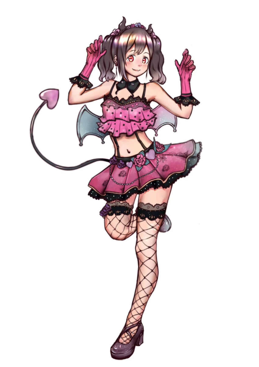 1girl blush brown_hair copyright_request demon_horns demon_tail fishnet_legwear fishnets flower frills gloves hands_up highres horns looking_at_viewer low_wings mini_wings navel pinkball red_eyes red_flower red_rose rose skirt solo tail thigh-highs wings