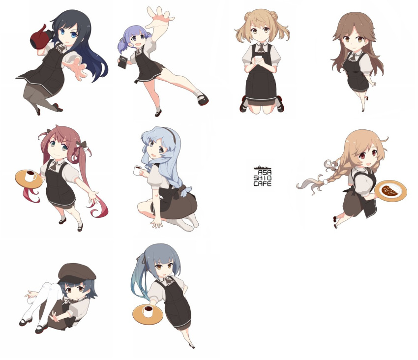 6+girls alternate_costume apron arare_(kantai_collection) arashio_(kantai_collection) asagumo_(kantai_collection) asashio_(kantai_collection) ascot ass back beret black_hair black_legwear black_ribbon black_skirt blonde_hair blue_eyes blue_hair braid breasts brown_eyes brown_hair brown_neckwear cafe coffee cup double_bun food foreshortening from_above full_body gradient_hair green_hairband grey_eyes grey_eyes grey_hair hair_bun hair_ribbon hairband hat holding holding_tray kantai_collection kasumi_(kantai_collection) kneehighs kneeling light_brown_hair long_hair looking_at_viewer menu michishio_(kantai_collection) minegumo_(kantai_collection) multicolored_hair multiple_girls ooshio_(kantai_collection) open_mouth pantyhose perspective plate pleated_skirt pot puffy_short_sleeves puffy_sleeves ribbon rice shirt short_hair short_sleeves short_twintails side_ponytail silver_hair simple_background single_braid skirt small_breasts smile solo text_focus tray tun twin_braids twintails waist_apron waitress wavy_hair white_background white_hair white_legwear white_shirt yamagumo_(kantai_collection) yellow_eyes