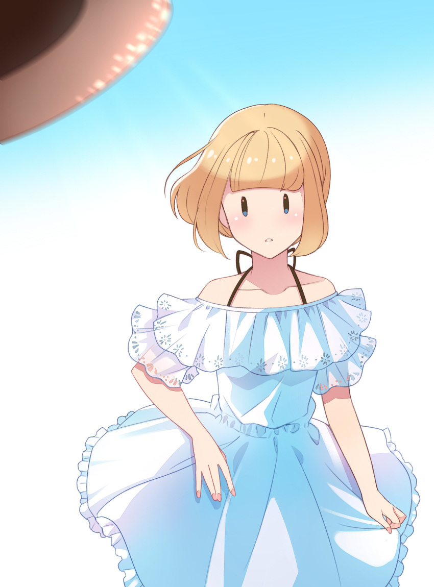 1girl absurdres blonde_hair blouse blush casual collarbone dress floating_hair hakka0320 hat hat_removed headwear_removed highres off-shoulder_dress off_shoulder parted_lips short_hair sun_hat uchi_emiri watashi_ga_motenai_no_wa_dou_kangaetemo_omaera_ga_warui! |_|