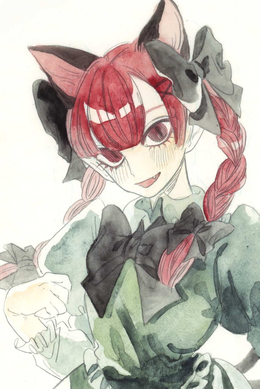 1girl absurdres animal_ears black_bow black_bowtie blunt_bangs bow bowtie braid cat_ears cat_girl cat_tail collared_dress commentary_request dress extra_ears fang green_dress hair_bow hand_up highres juliet_sleeves kaenbyou_rin kz_m_i long_hair long_sleeves looking_at_viewer open_mouth painting_(medium) puffy_sleeves red_eyes redhead simple_background smile solo tail touhou traditional_media twin_braids upper_body watercolor_(medium) white_background