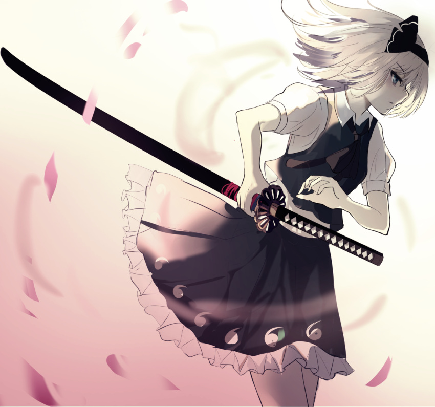 1girl ascot bangs beckzawachi black_hairband black_neckwear blue_eyes cherry_blossoms closed_mouth collared_shirt cowboy_shot eyebrows_visible_through_hair frilled_skirt frills from_side green_skirt green_vest hairband holding holding_sword holding_weapon katana konpaku_youmu petals pleated_skirt puffy_short_sleeves puffy_sleeves sheath sheathed shirt short_hair short_sleeves silver_hair skirt skirt_set solo sword touhou vest weapon white_shirt