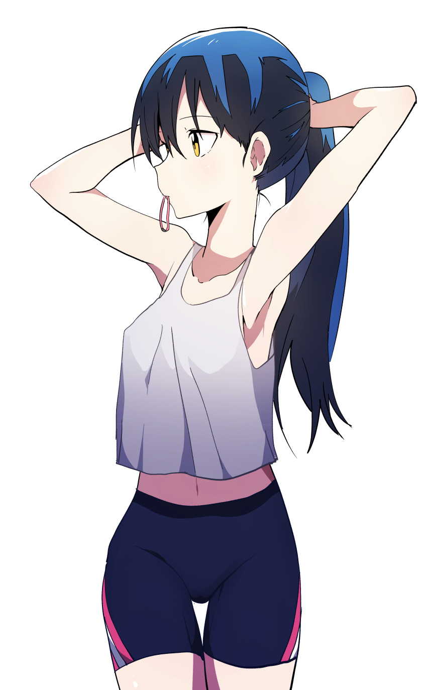 1girl absurdres adjusting_hair armpits arms_behind_head arms_up bike_shorts black_hair blue_hair breasts bunching_hair bural_chingu hair_tie hair_tie_in_mouth highres ju_hyeon-mi long_hair looking_away looking_to_the_side luke_(dydansgur) mouth_hold original ponytail simple_background solo tank_top thigh_gap tying_hair white_background yellow_eyes