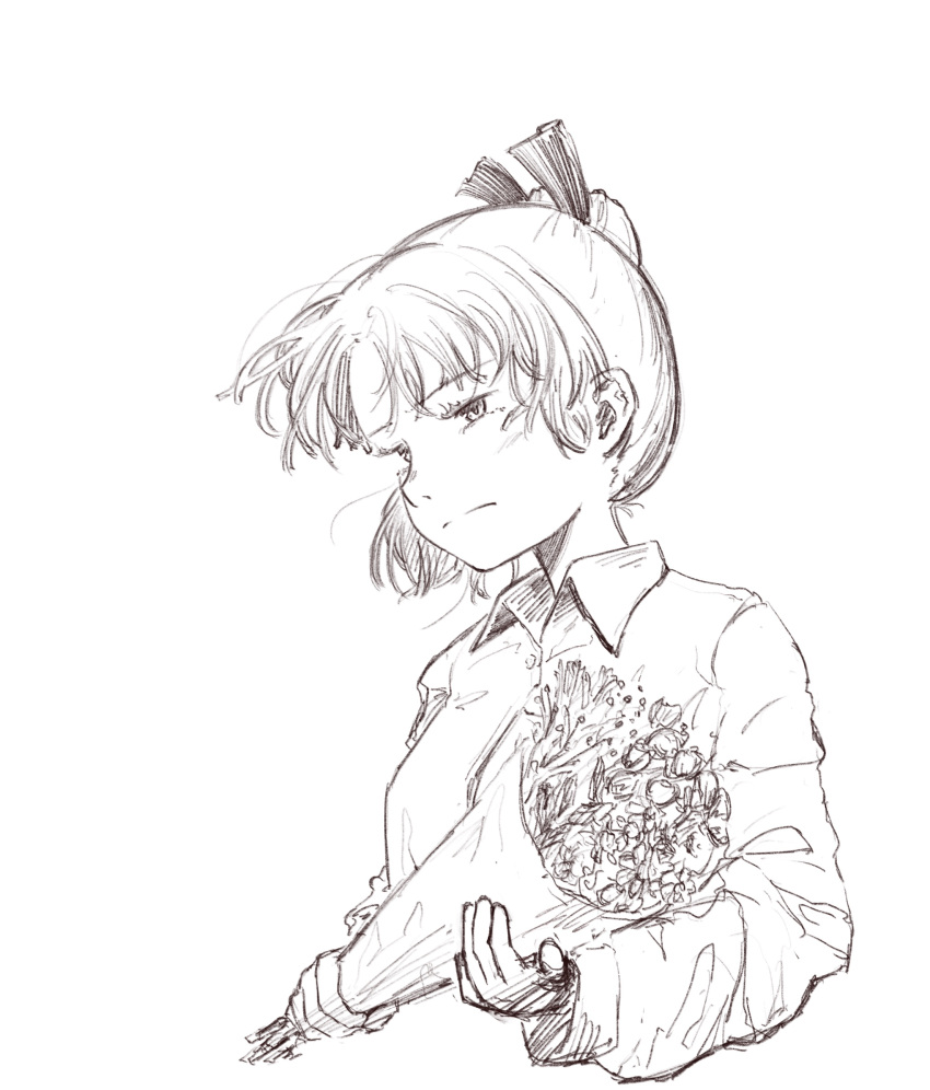 1girl alternate_costume bangs blush bouquet breasts buttons closed_mouth collared_shirt commentary cropped_torso eyebrows_visible_through_hair flower greyscale hair_ribbon half-closed_eyes highres holding holding_bouquet kantai_collection long_sleeves monochrome parted_bangs ponytail ribbon shikinami_(kantai_collection) shirt simple_background solo taruhi traditional_media white_background