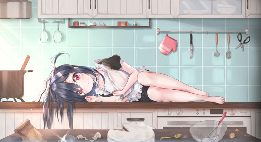 1girl apron bag bare_arms bare_legs barefoot black_dress black_hair blush bowl cake choker closed_mouth collarbone cuna_(qunya) cup day dress drinking_glass food frilled_apron frilled_choker frills glint headdress highres holding indoors jar kitchen knife long_hair looking_at_viewer lying mittens on_side one_side_up original paper_bag plate pot red_eyes scissors shelf short_sleeves sidelocks solo spatula table whisk wine_glass