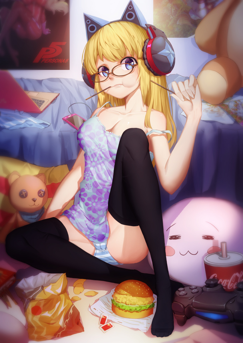 1girl :3 =_= absurdres bed black_legwear blonde_hair blue_eyes breasts brown-framed_eyewear camisole cat_ear_headphones cellphone chips closed_mouth collarbone commentary_request computer copyright_name drink drinking_straw eating food glasses hamburger head_tilt headphones highres holding holding_food indoors ketchup laptop long_hair looking_at_viewer medium_breasts mouth_hold no_pants on_floor original panties panties_removed paper persona persona_5 phone playstation_controller pocky poster_(object) potato_chips sitting smartphone strap_slip striped striped_panties stuffed_animal stuffed_toy takamaki_anne teddy_bear thigh-highs tupiao_shaonu underwear