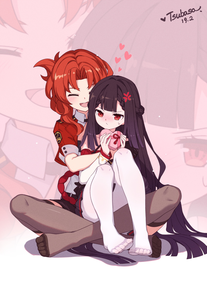 2girls :d anger_vein bangs benghuai_xueyuan black_shorts black_skirt blush box braid brown_hair brown_legwear character_request closed_mouth commentary_request cropped_jacket dated detached_sleeves feet gift gift_box gloves heart-shaped_box highres holding holding_gift honkai_(series) jacket long_hair long_sleeves multiple_girls murata_himeko no_shoes nose_blush open_clothes open_jacket open_mouth pantyhose parted_bangs pleated_skirt red_eyes red_jacket shirt short_shorts shorts signature sitting sitting_on_lap sitting_on_person skirt smile sweat thigh-highs toenails tsubasa_tsubasa v-shaped_eyebrows very_long_hair white_gloves white_legwear white_shirt white_sleeves yuri zoom_layer