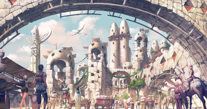 animal arch architecture armor artist_name backpack bag blue_sky building cart city cityscape clouds cloudy_sky commentary_request creature crowd day dragon fantasy horse multiple_boys multiple_girls noba outdoors pixiv_fantasia pixiv_fantasia_last_saga robe scenery sky sunlight totem_pole tower tree walking wide_shot window