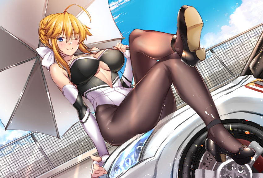 1girl adapted_costume ahoge artoria_pendragon_(all) artoria_pendragon_(lancer) azur_lane bangs blush braid breasts brown_legwear car center_opening chain-link_fence closed_mouth clouds commentary_request cosplay day dutch_angle elbow_gloves eyebrows_visible_through_hair fate/grand_order fate_(series) fence fingerless_gloves french_braid full_body gloves green_eyes ground_vehicle hair_between_eyes high_heels highres large_breasts legs_crossed leotard looking_at_viewer motor_vehicle on_vehicle one_eye_closed outdoors racequeen ribbon shirokuma_a sidelocks sitting sky sleeveless solo strapless strapless_leotard swept_bangs takao_(azur_lane) takao_(azur_lane)_(cosplay) thigh-highs thighs under_boob white_gloves white_ribbon