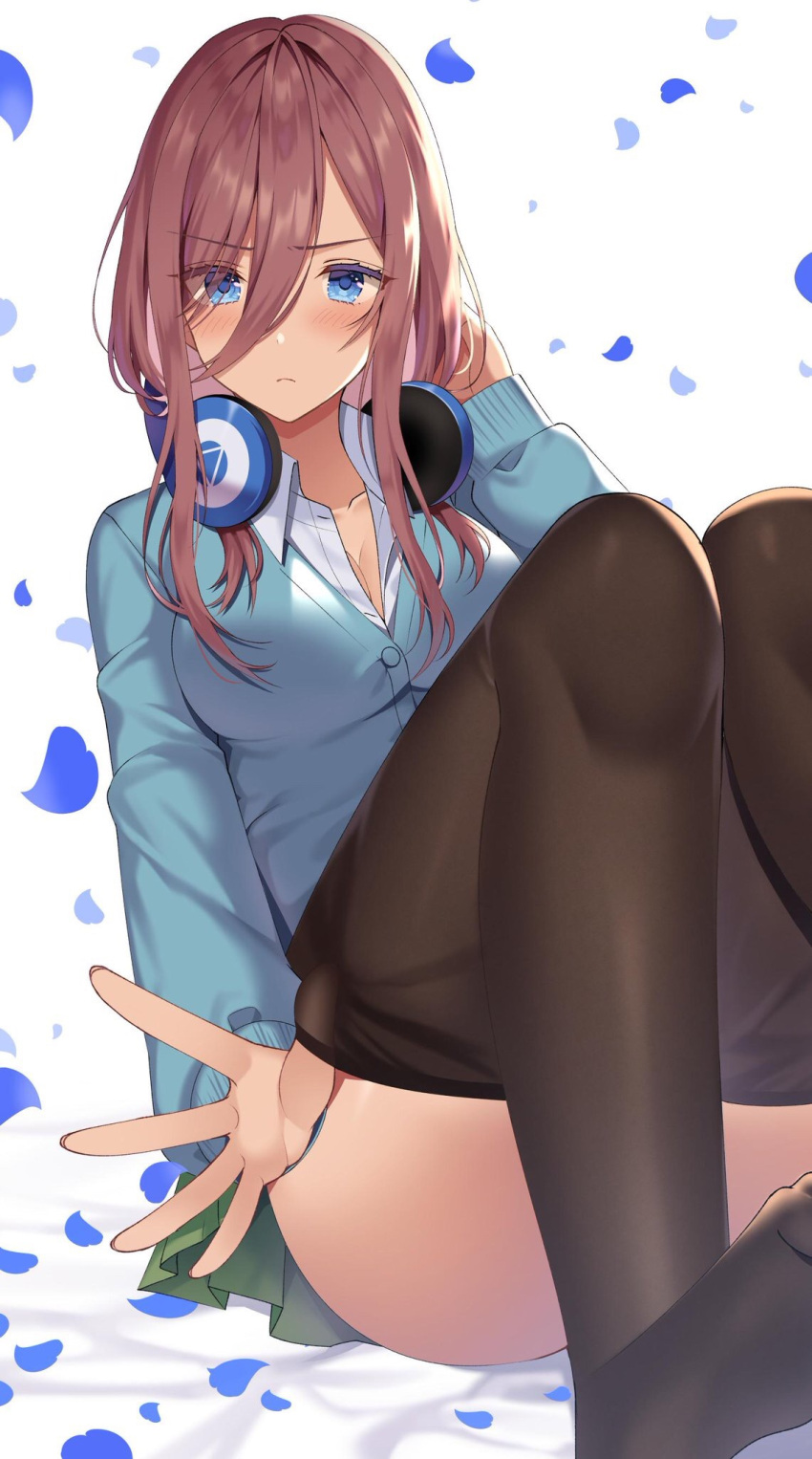 1girl bangs black_legwear blue_cardigan blue_eyes blush breasts brown_hair cardigan cleavage closed_mouth collarbone eyebrows_visible_through_hair feet go-toubun_no_hanayome hair_between_eyes hand_in_hair headphones headphones_around_neck highres izumo_neru large_breasts legs long_sleeves looking_at_viewer medium_hair nakano_miku pantyhose petals shirt skirt solo thighs undressing white_shirt