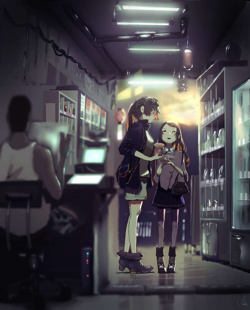 1boy 2girls bangs blurry boots brown_hair depth_of_field from_behind from_side glowing highres holding indoors itodome light long_hair multiple_girls open_mouth original ponytail reflection screen shoes shop skirt sleeveless smile yellow_eyes