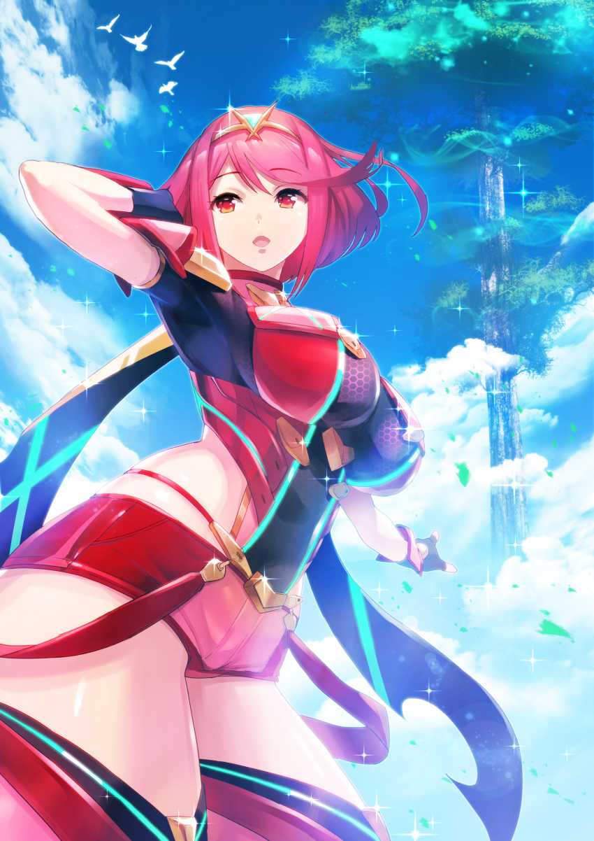 1girl absurdres armor bangs blush breasts covered_navel earrings fingerless_gloves gloves green322 hair_ornament highres pyra_(xenoblade) jewelry large_breasts looking_at_viewer nintendo red_eyes redhead short_hair shorts sidelocks simple_background smile solo tiara xenoblade_(series) xenoblade_2