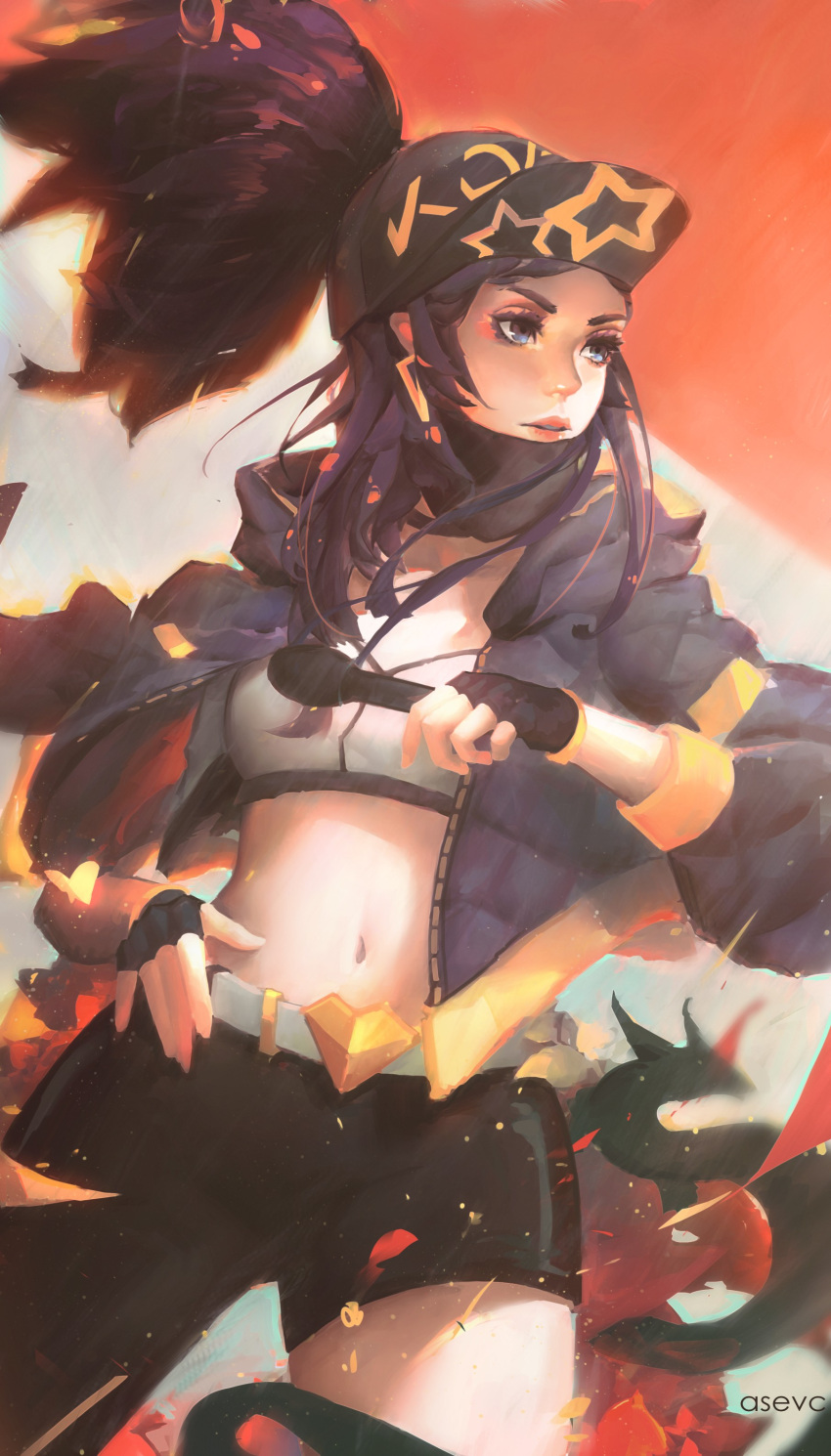 1girl absurdres akali artist_name asevc asymmetrical_legwear baseball_cap black_gloves black_hair blue_eyes fingerless_gloves gloves hat highres jacket k/da_(league_of_legends) k/da_akali league_of_legends lips long_hair microphone midriff navel parted_lips ponytail purple_hair