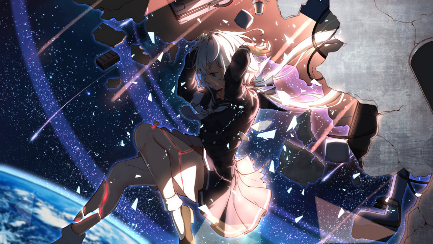 1girl aircraft airplane breaking broken_glass destruction earth falling glass highres konno_junko low_twintails school_uniform seat serafuku shattered silver_hair sky star_(sky) starry_sky suitcase torn_clothes twintails wire ye_zi_you_bei_jiao_ju_ge zombie_land_saga