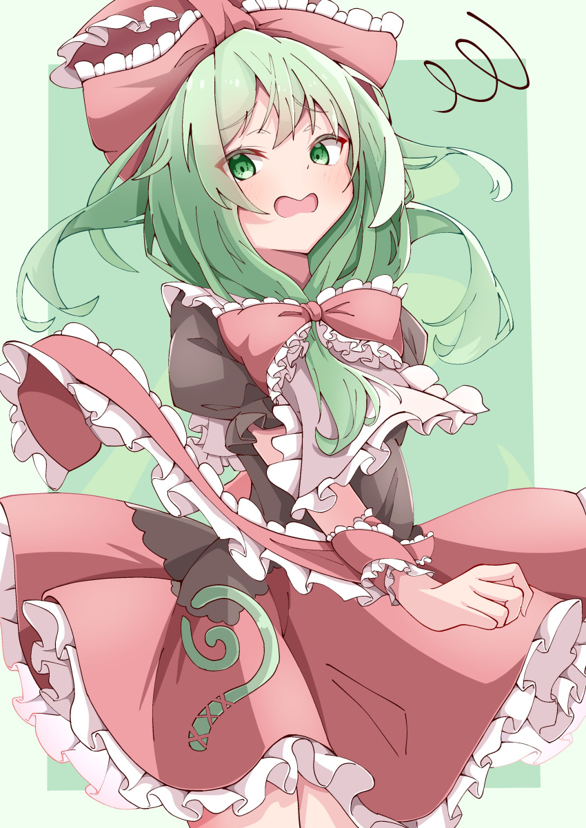 1girl absurdres bow dress embarrassed green_background green_eyes green_hair hair_bow highres kagiyama_hina long_hair open_mouth red_bow red_dress saimu_taju short_sleeves solo thighs touhou two-tone_background